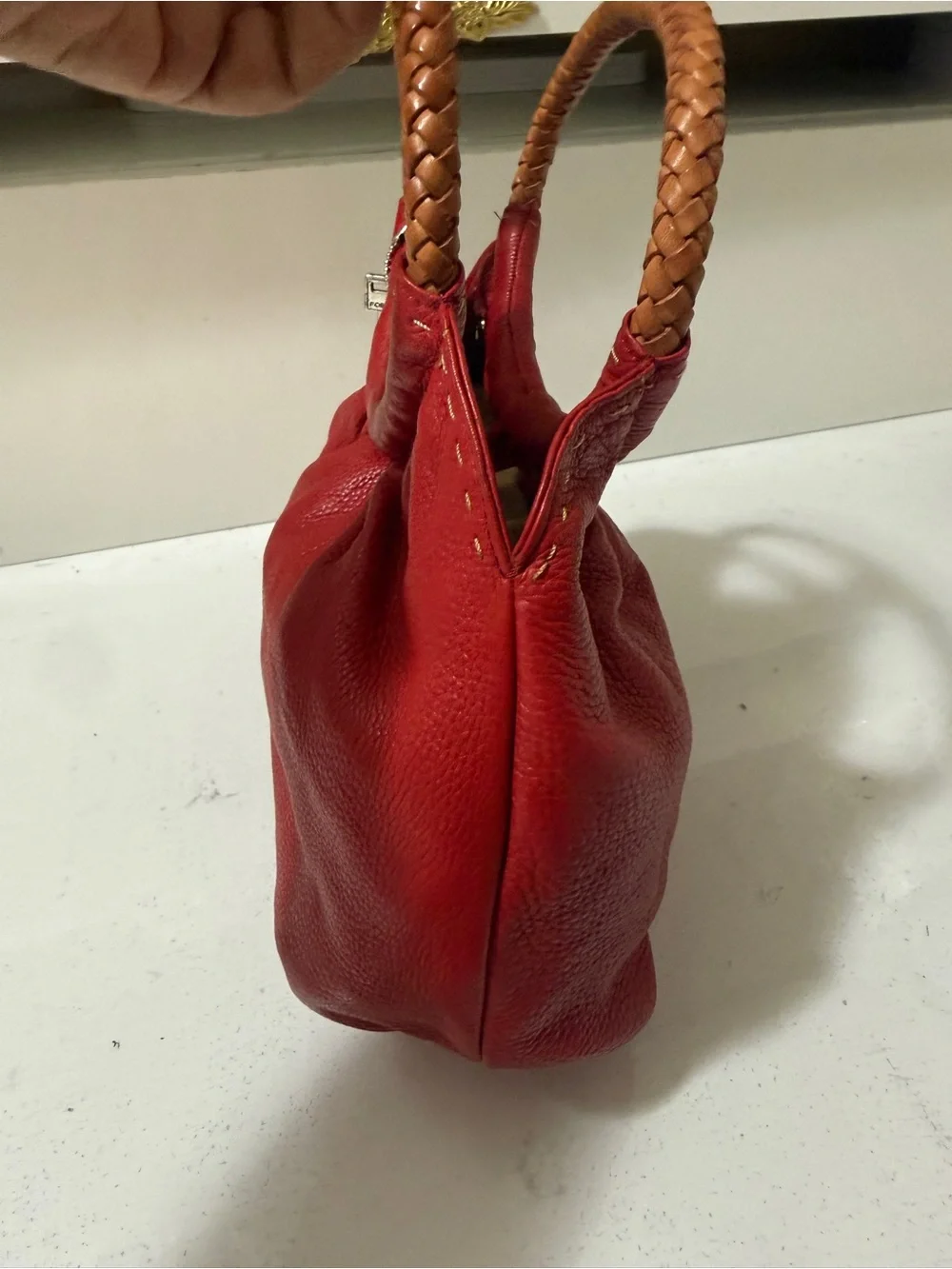 Fossil Red Leather Handbag with Braided Handles